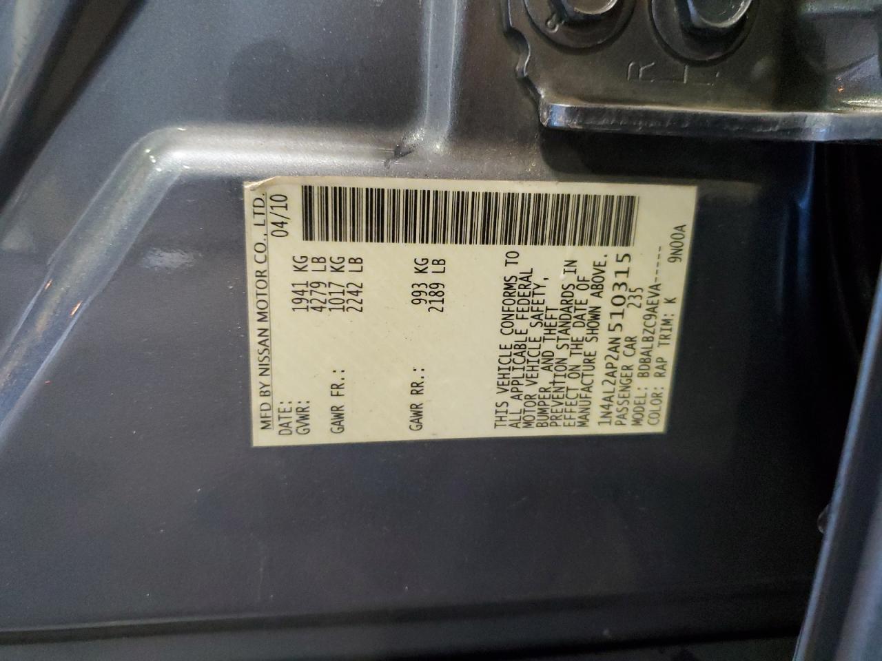 2010 Nissan Altima Base VIN: 1N4AL2AP2AN510315 Lot: 84802365