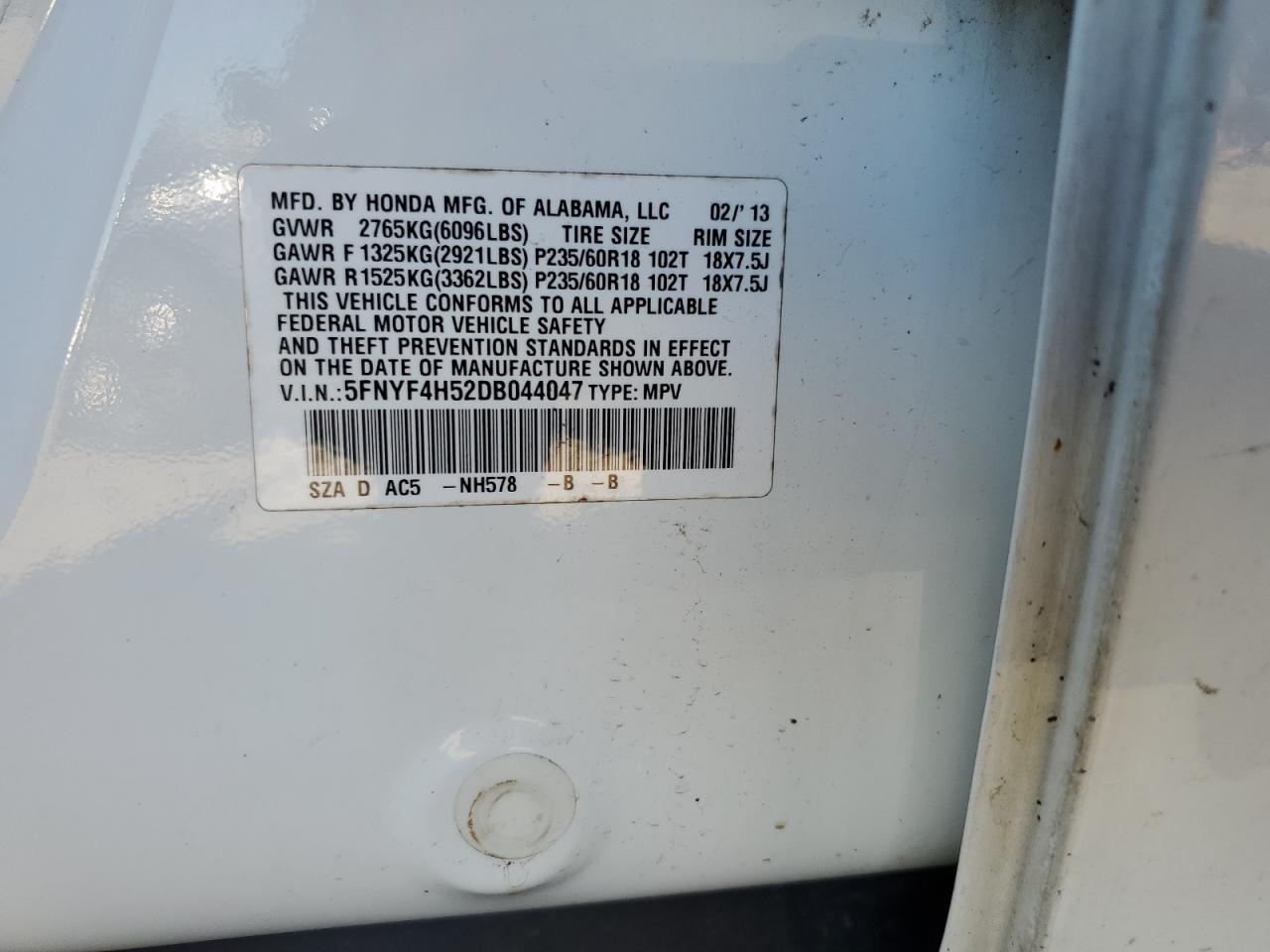 2013 Honda Pilot Exl VIN: 5FNYF4H52DB044047 Lot: 81427065