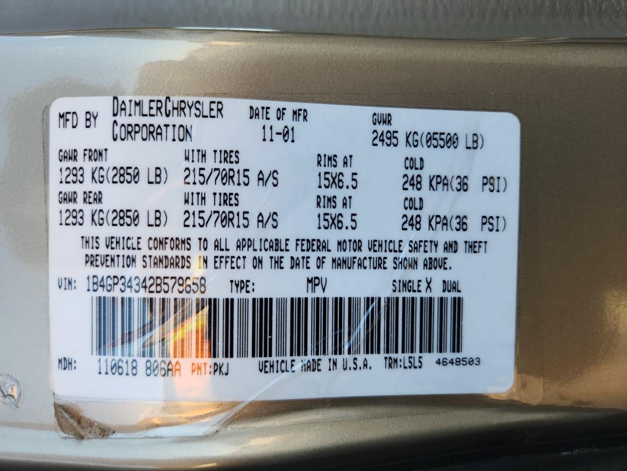 2002 Dodge Grand Caravan El VIN: 1B4GP34342B579658 Lot: 85009625