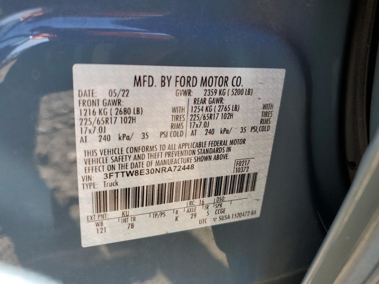 2022 Ford Maverick Xl VIN: 3FTTW8E30NRA72448 Lot: 85823705