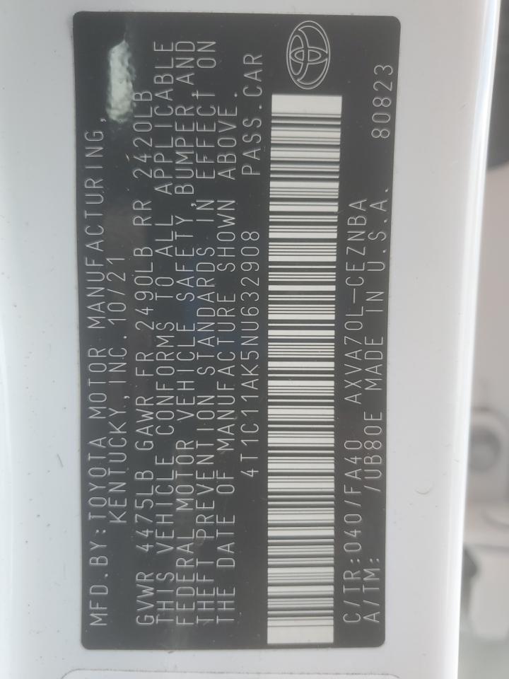 2022 Toyota Camry Le VIN: 4T1C11AK5NU632908 Lot: 85838855