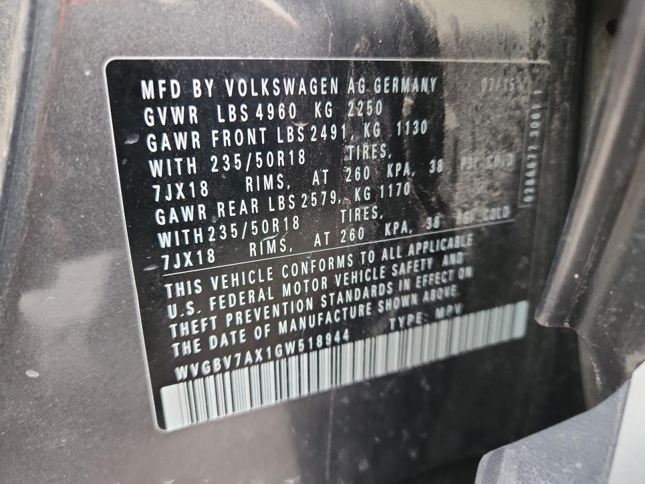 2016 Volkswagen Tiguan S VIN: WVGBV7AX1GW518944 Lot: 82435035