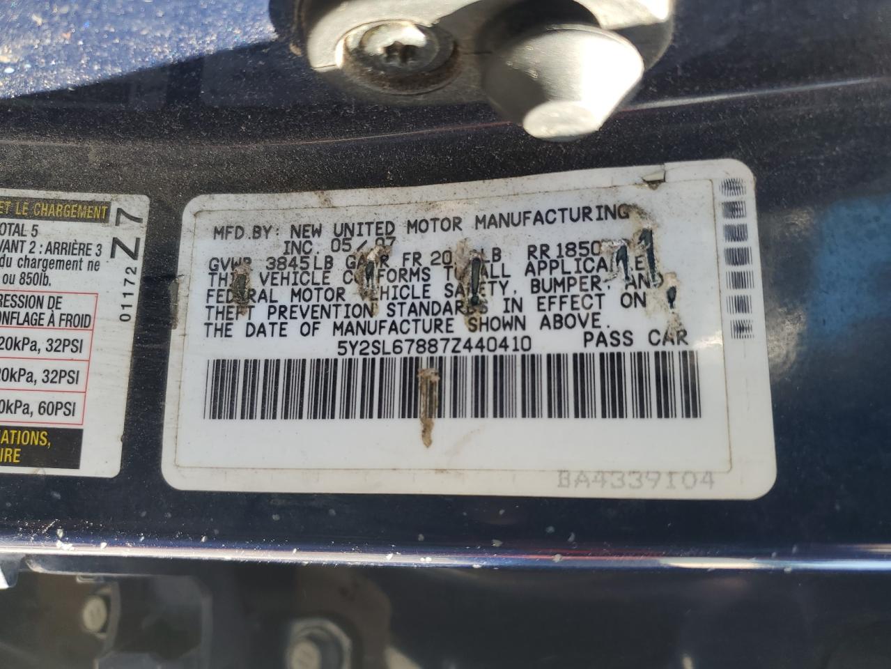 2007 Pontiac Vibe VIN: 5Y2SL67887Z440410 Lot: 85085945