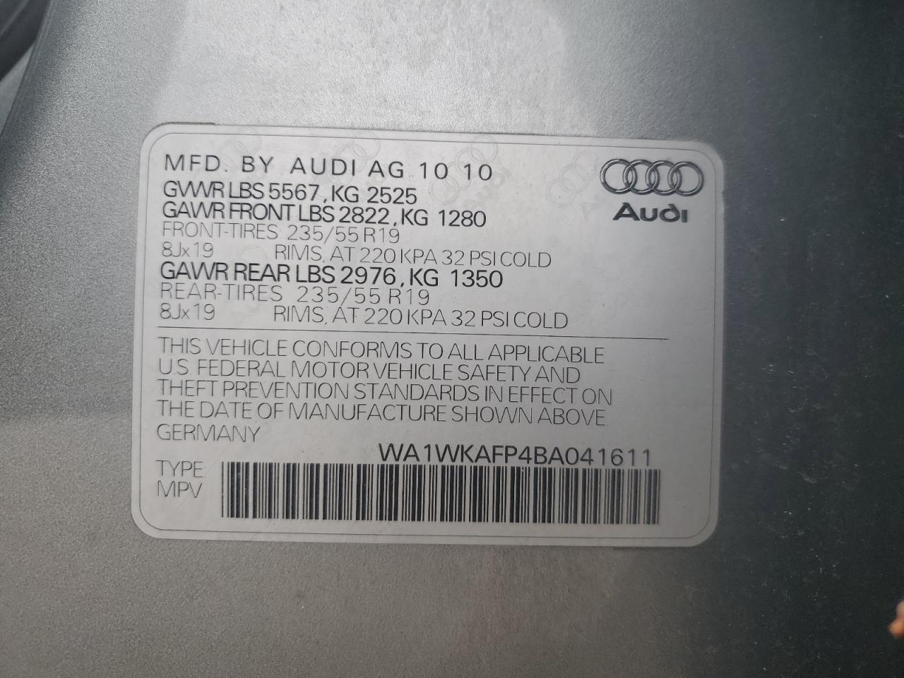 2011 Audi Q5 Prestige VIN: WA1WKAFP4BA041611 Lot: 85581905