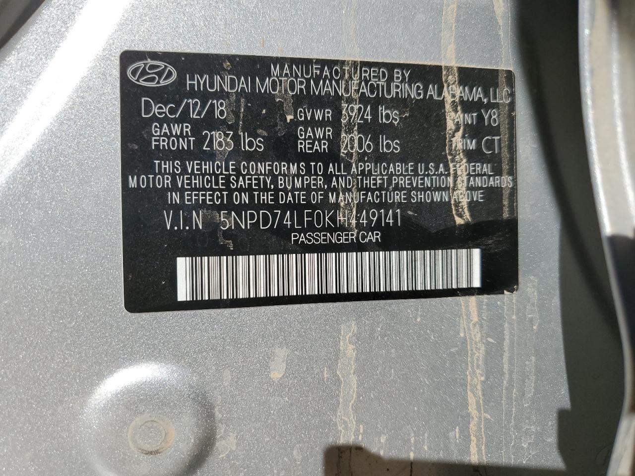 2019 Hyundai Elantra Se VIN: 5NPD74LF0KH449141 Lot: 85854125