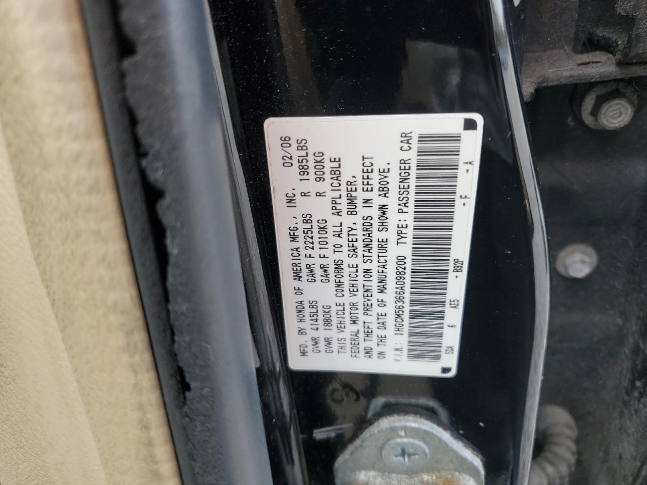 2006 Honda Accord Se VIN: 1HGCM56366A098200 Lot: 90983355