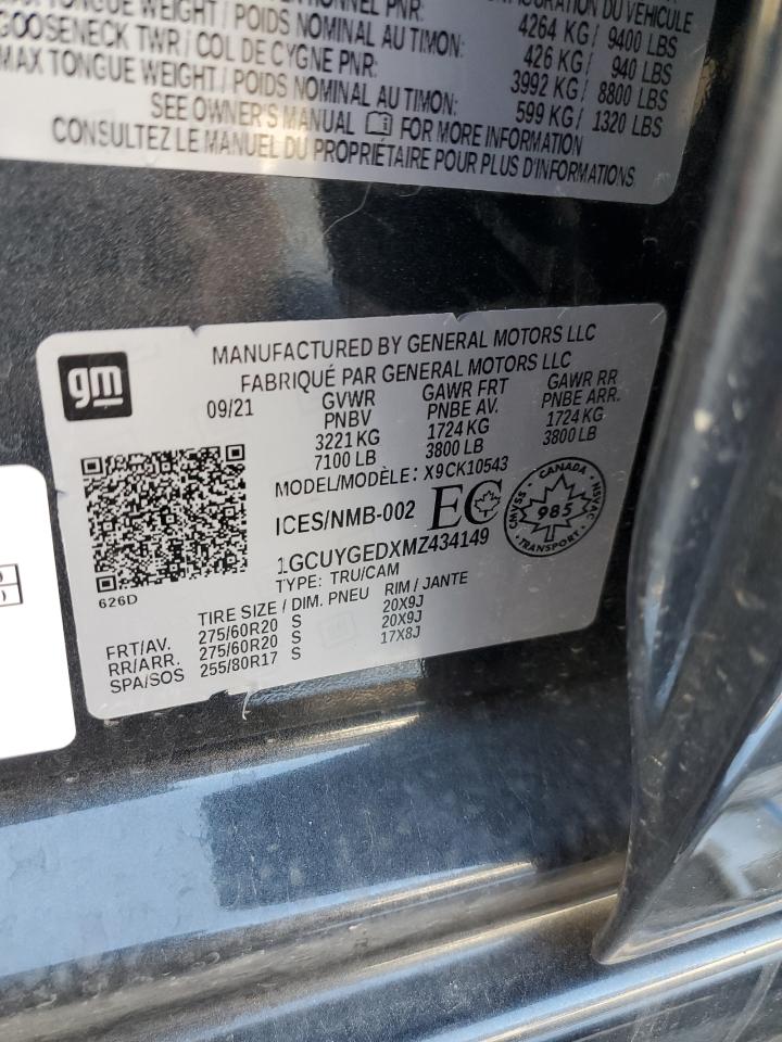 2021 Chevrolet Silverado K1500 Ltz VIN: 1GCUYGEDXMZ434149 Lot: 86173395