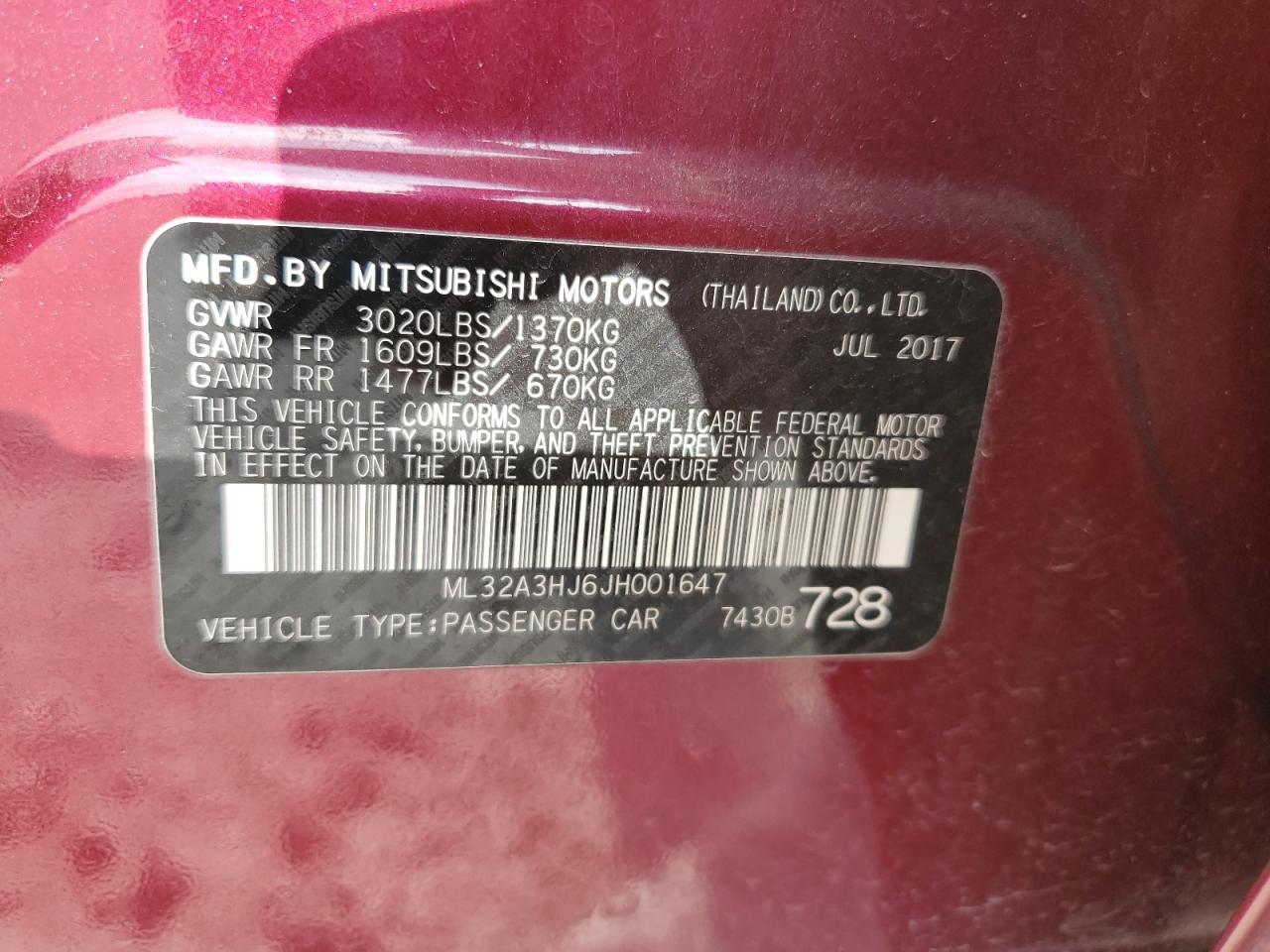 2018 Mitsubishi Mirage Es VIN: ML32A3HJ6JH001647 Lot: 82779035