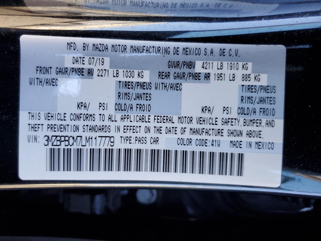 2020 Mazda 3 Select VIN: 3MZBPBCM7LM117779 Lot: 89463125