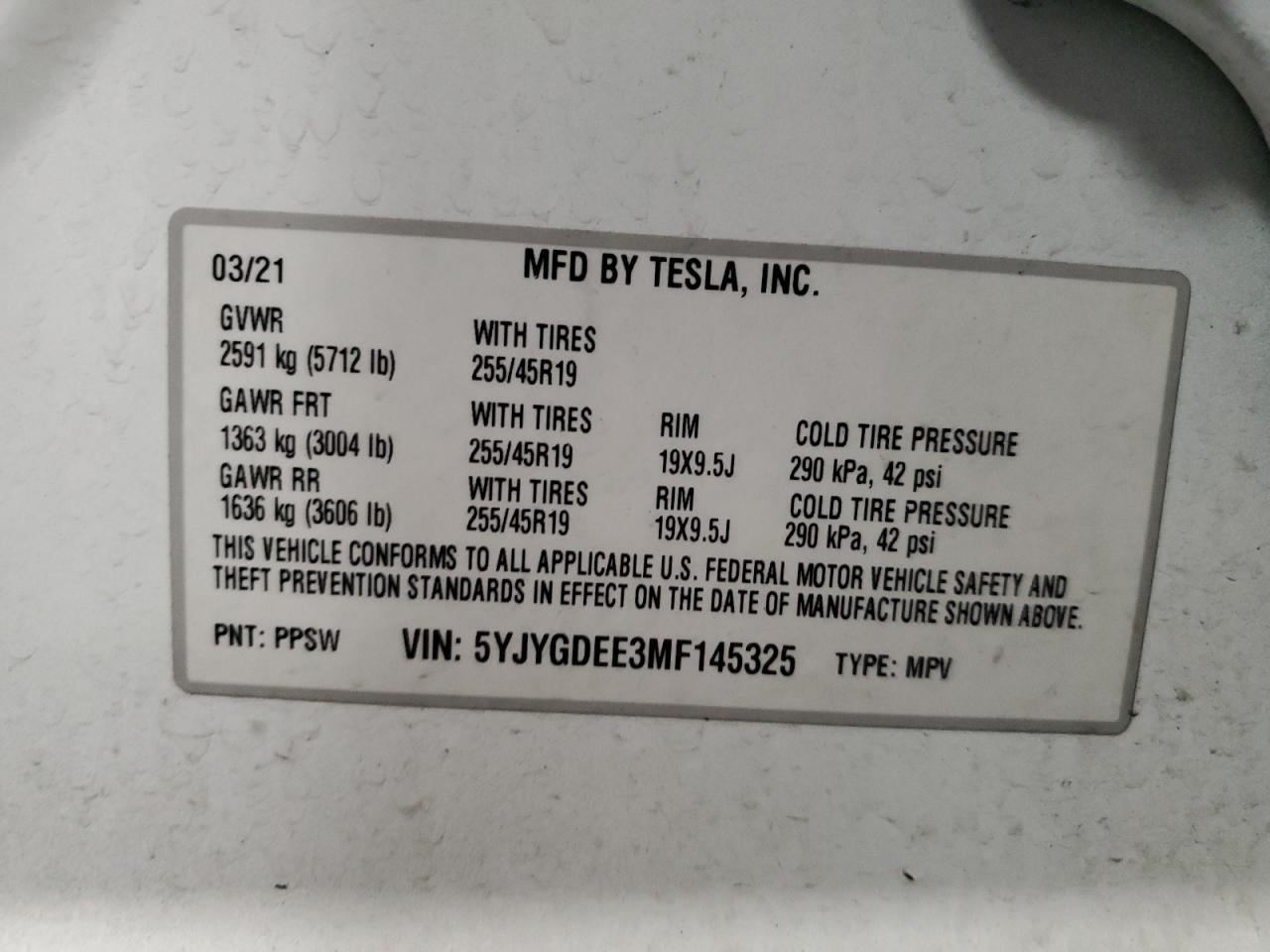 2021 Tesla Model Y VIN: 5YJYGDEE3MF145325 Lot: 82555245