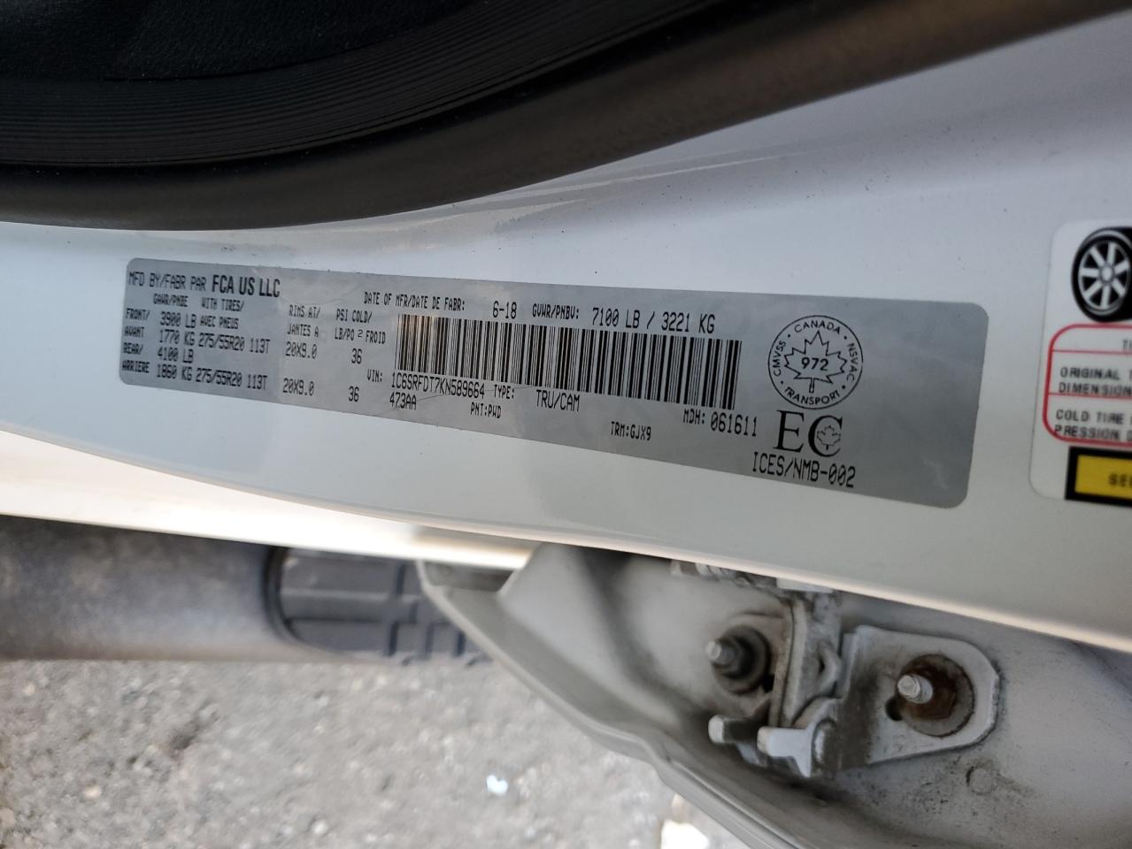 2019 Ram 1500 Laramie VIN: 1C6SRFDT7KN589664 Lot: 83957115