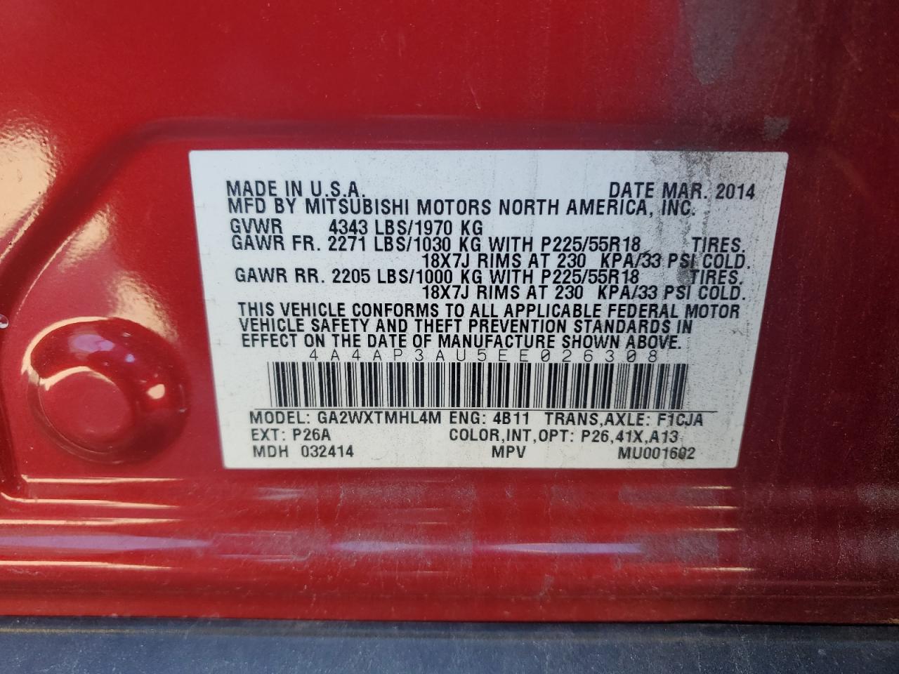 2014 Mitsubishi Outlander Sport Es VIN: 4A4AP3AU5EE026308 Lot: 82648785
