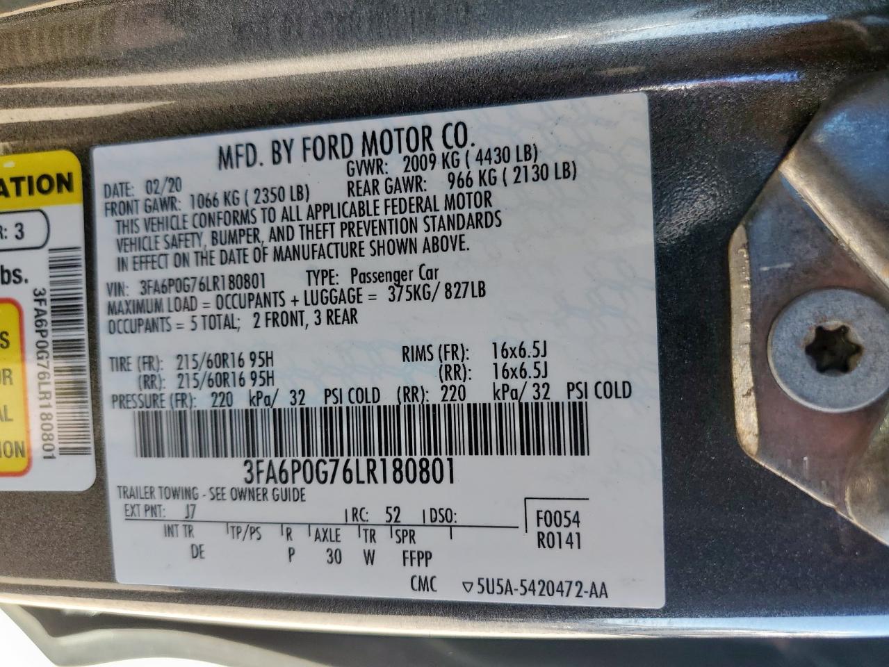 2020 Ford Fusion S VIN: 3FA6P0G76LR180801 Lot: 82682275
