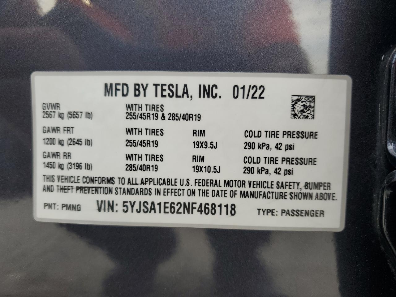 2022 Tesla Model S VIN: 5YJSA1E62NF468118 Lot: 85561105