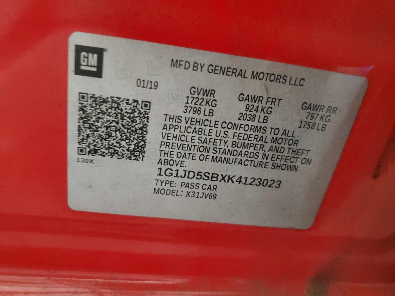 2019 Chevrolet Sonic Lt VIN: 1G1JD5SBXK4123023 Lot: 86718635