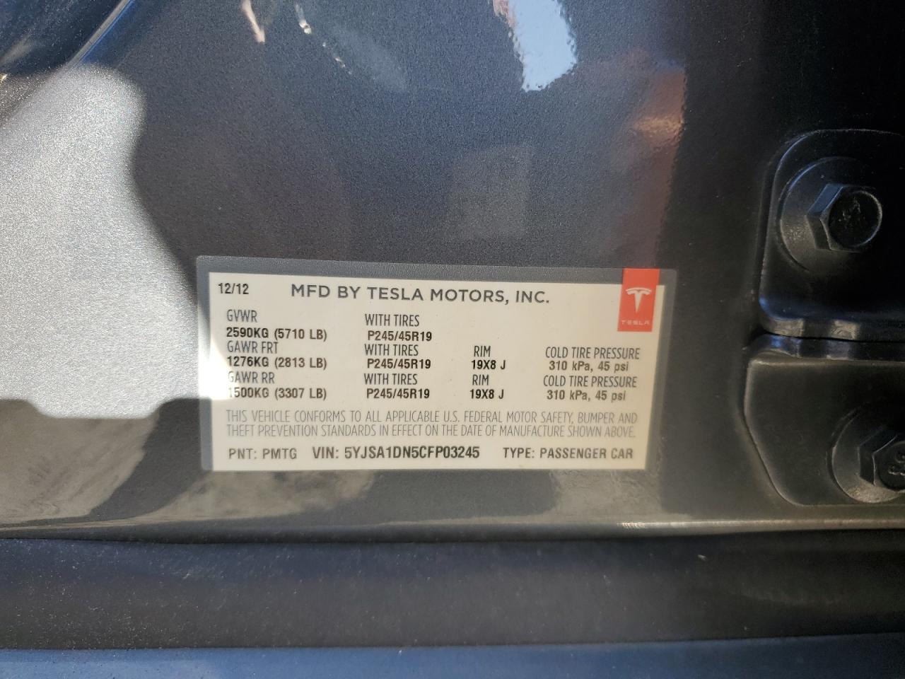 2012 Tesla Model S VIN: 5YJSA1DN5CFP03245 Lot: 86471175