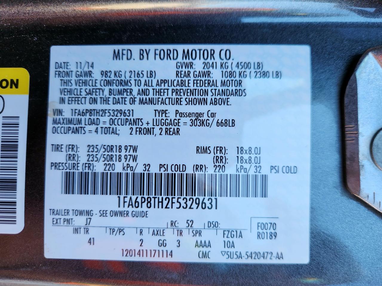 2015 Ford Mustang VIN: 1FA6P8TH2F5329631 Lot: 86320525