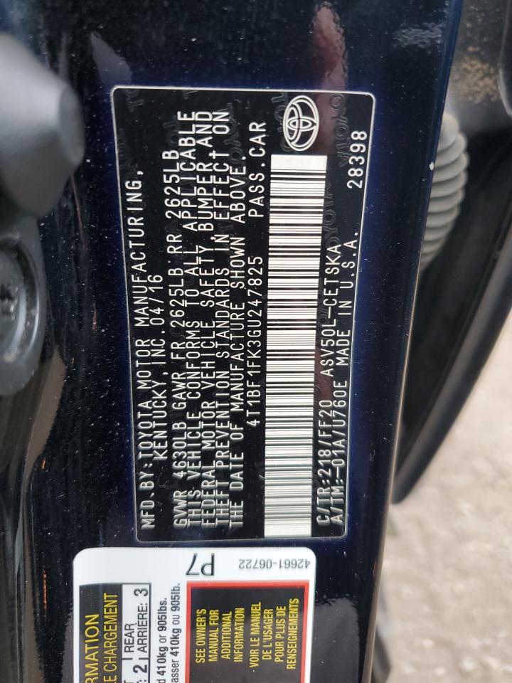 2016 Toyota Camry Le VIN: 4T1BF1FK3GU247825 Lot: 85140475