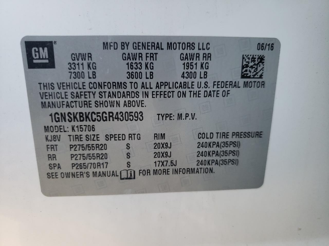 2016 Chevrolet Tahoe K1500 Lt VIN: 1GNSKBKC5GR430593 Lot: 84868375