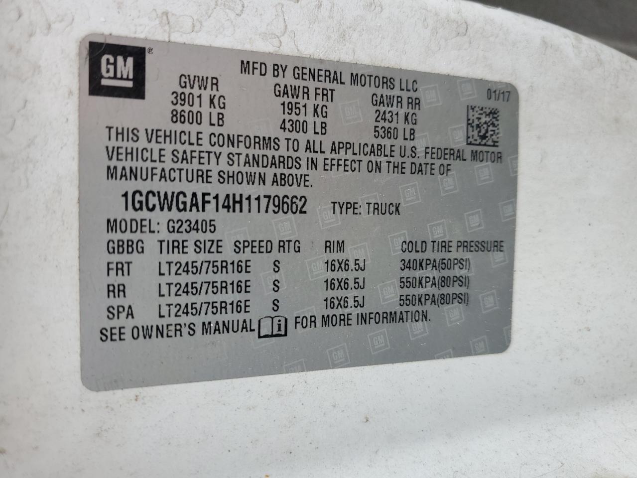 2017 Chevrolet Express G2500 VIN: 1GCWGAF14H1179662 Lot: 86744095