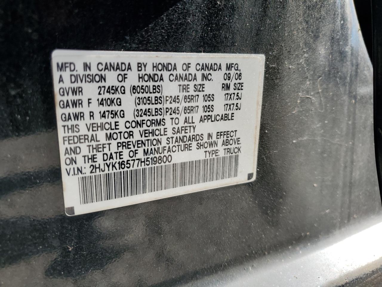 2007 Honda Ridgeline Rtl VIN: 2HJYK16577H519800 Lot: 82544635