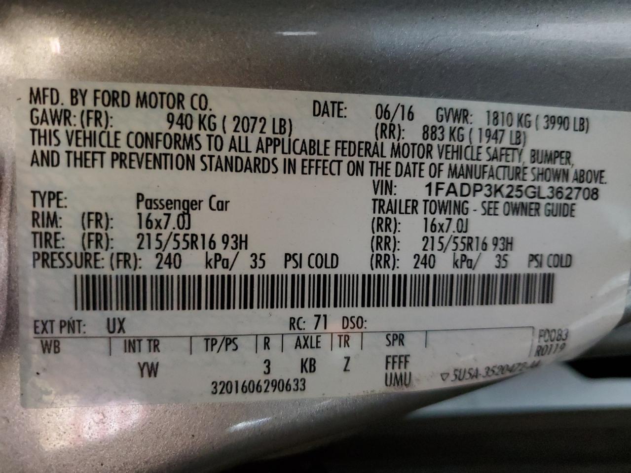 2016 Ford Focus Se VIN: 1FADP3K25GL362708 Lot: 87408275