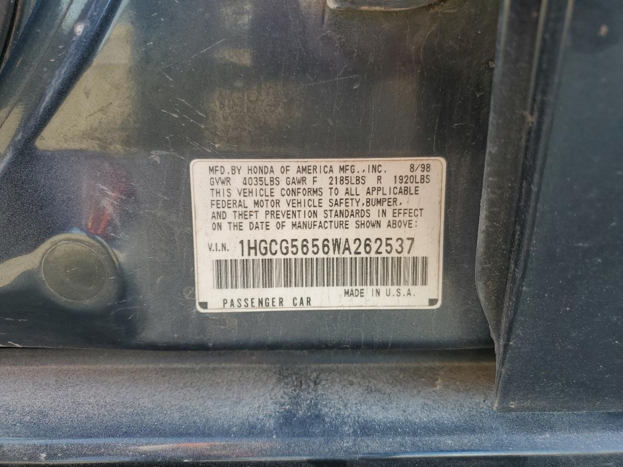 1998 Honda Accord Ex VIN: 1HGCG5656WA262537 Lot: 85391365