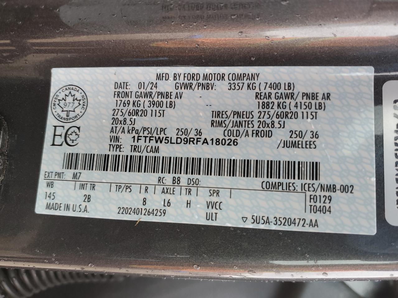 2024 Ford F150 Lariat VIN: 1FTFW5LD9RFA18026 Lot: 89476485