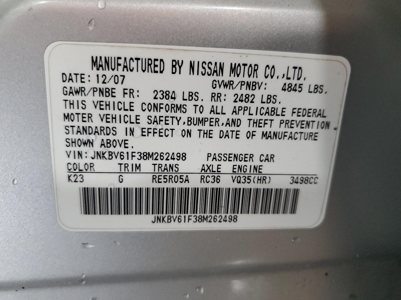 2008 Infiniti G35 VIN: JNKBV61F38M262498 Lot: 90682395