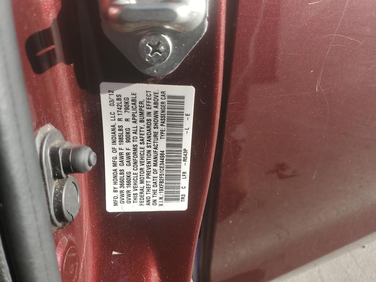 2012 Honda Civic Lx VIN: 19XFB2F51CE344984 Lot: 85581415