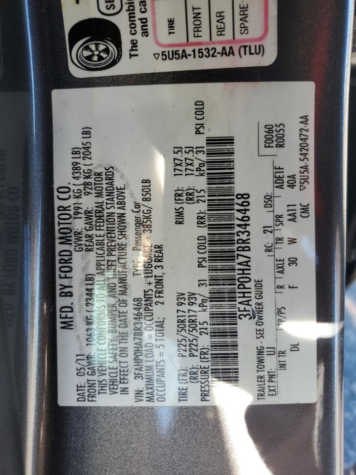 2011 Ford Fusion Se VIN: 3FAHP0HA7BR346468 Lot: 87425115