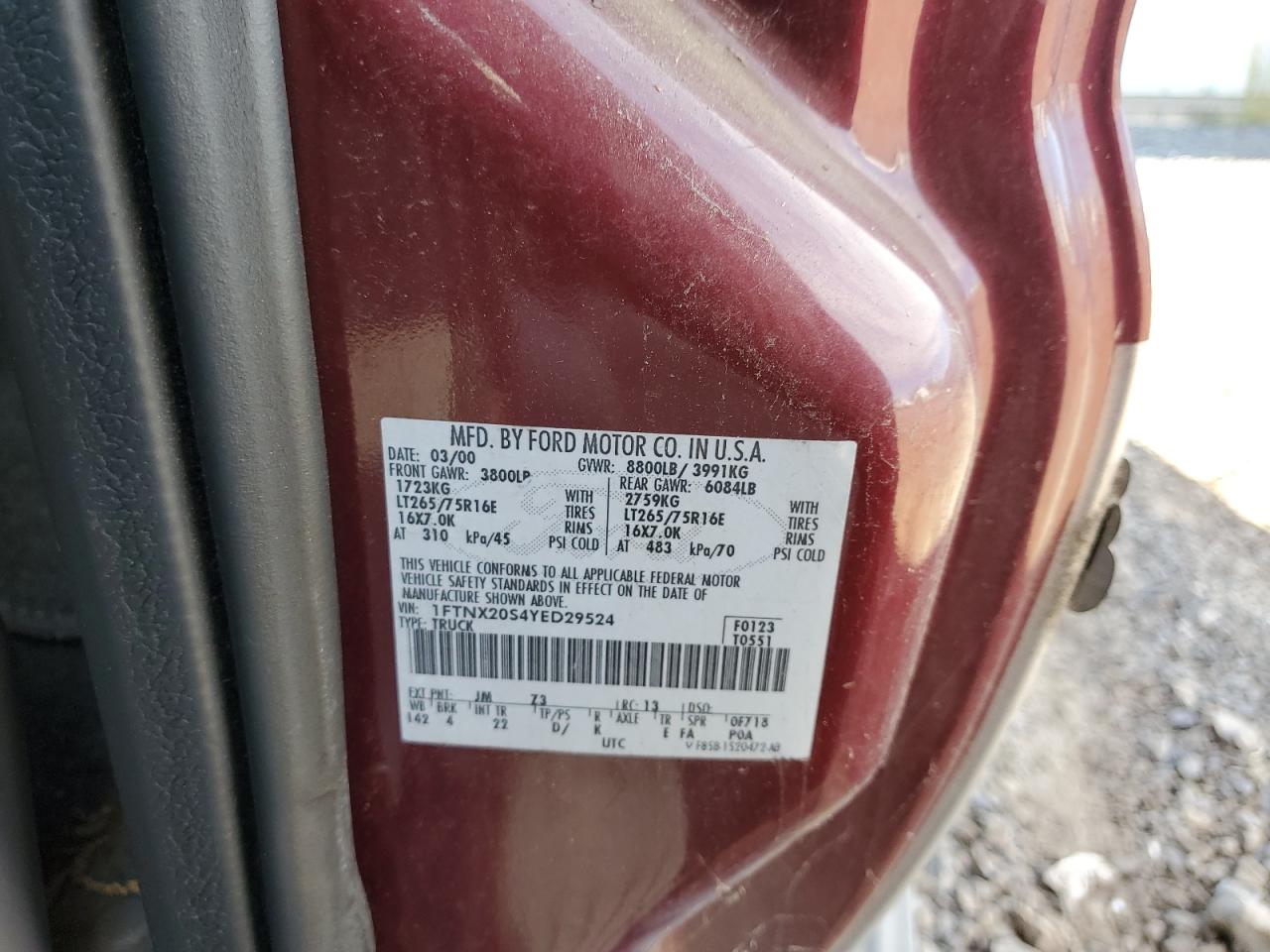 2000 Ford F250 Super Duty VIN: 1FTNX20S4YED29524 Lot: 86996645