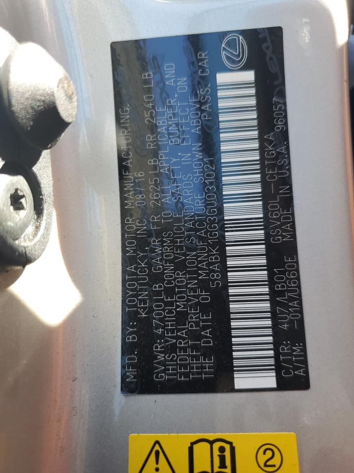 2016 Lexus Es 350 VIN: 58ABK1GG3GU031021 Lot: 85930655