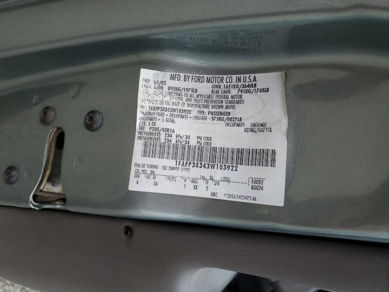 2003 Ford Focus Zts VIN: 1FAFP38343W103922 Lot: 85714585