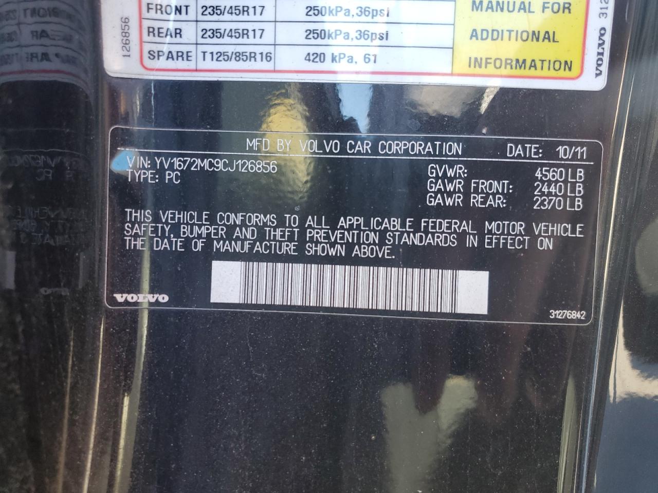 2012 Volvo C70 T5 VIN: YV1672MC9CJ126856 Lot: 81956435