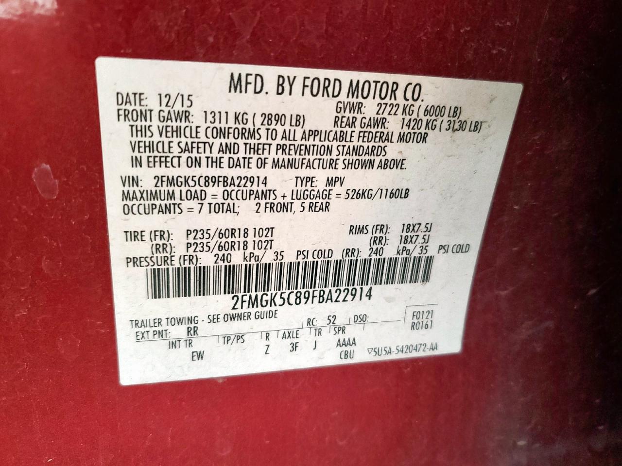 2015 Ford Flex Sel VIN: 2FMGK5C89FBA22914 Lot: 85372575