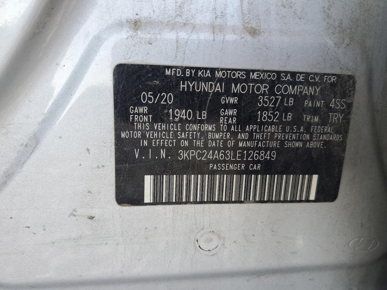 2020 Hyundai Accent Se VIN: 3KPC24A63LE126849 Lot: 90283705