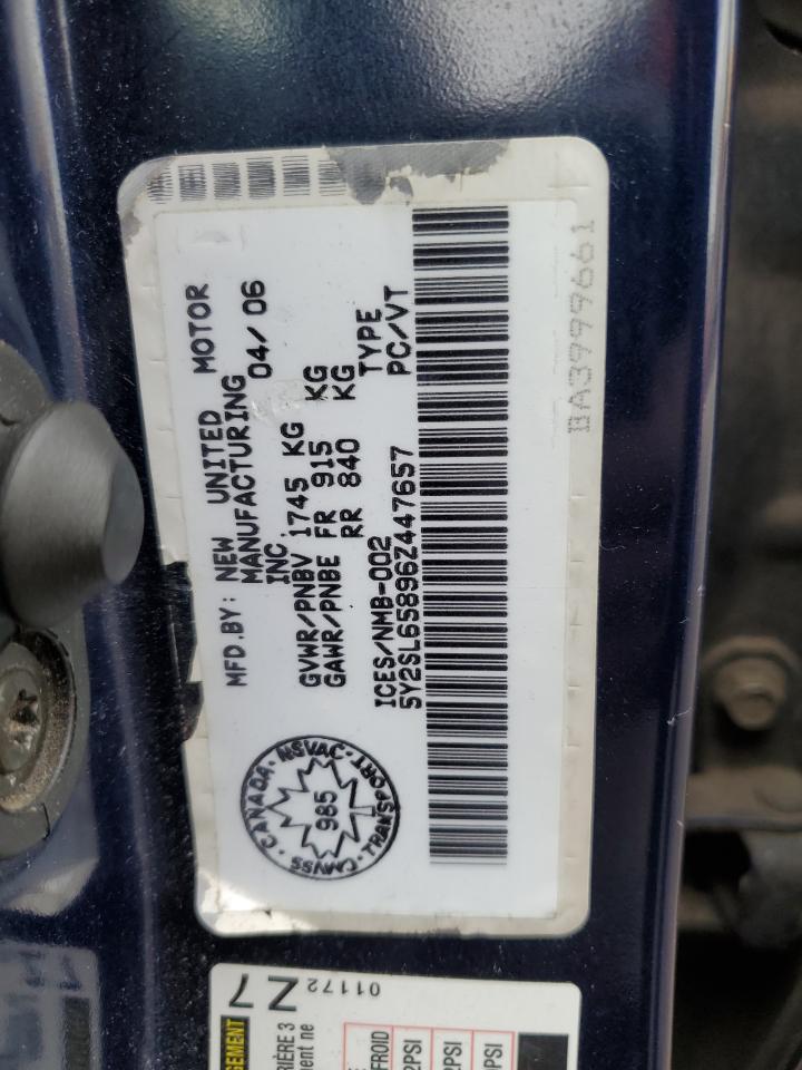 2006 Pontiac Vibe VIN: 5Y2SL65896Z447657 Lot: 85705085