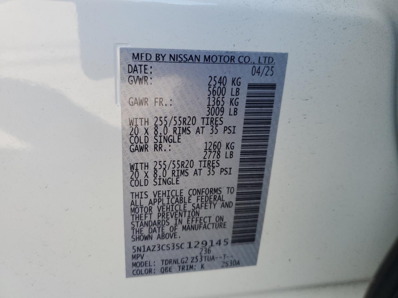 2025 Nissan Murano Sl VIN: 5N1AZ3CS3SC129145 Lot: 86050765