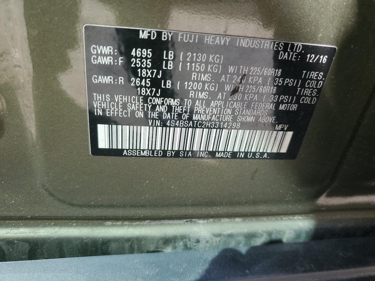 2017 Subaru Outback Touring VIN: 4S4BSATC2H3314298 Lot: 85560365