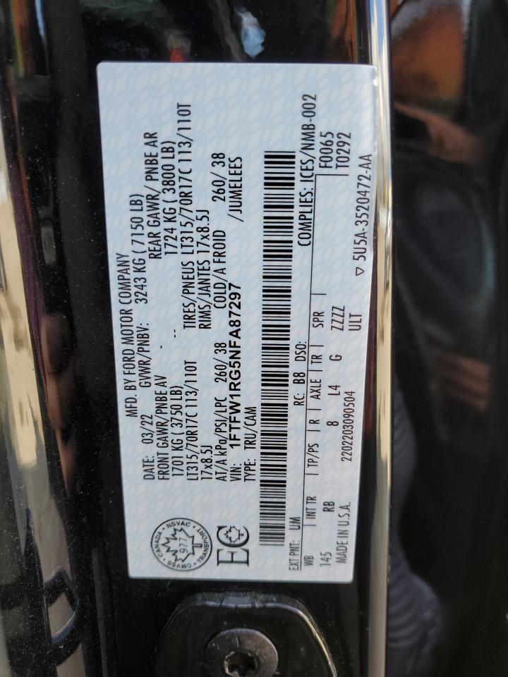 2022 Ford F150 Raptor VIN: 1FTFW1RG5NFA87297 Lot: 87305955