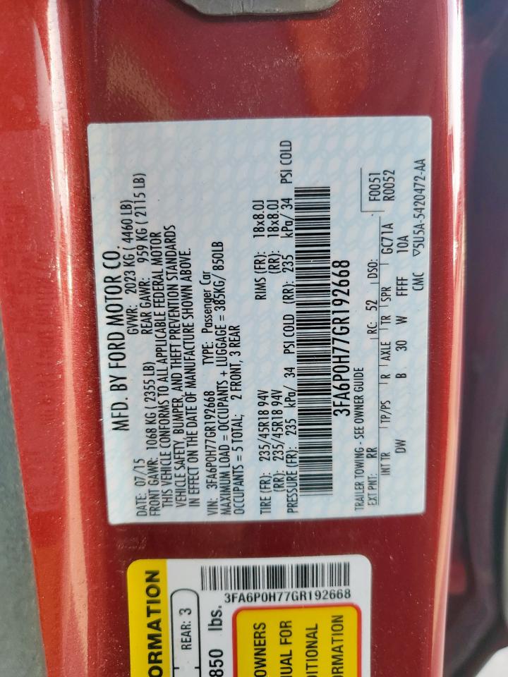 2016 Ford Fusion Se VIN: 3FA6P0H77GR192668 Lot: 85750455