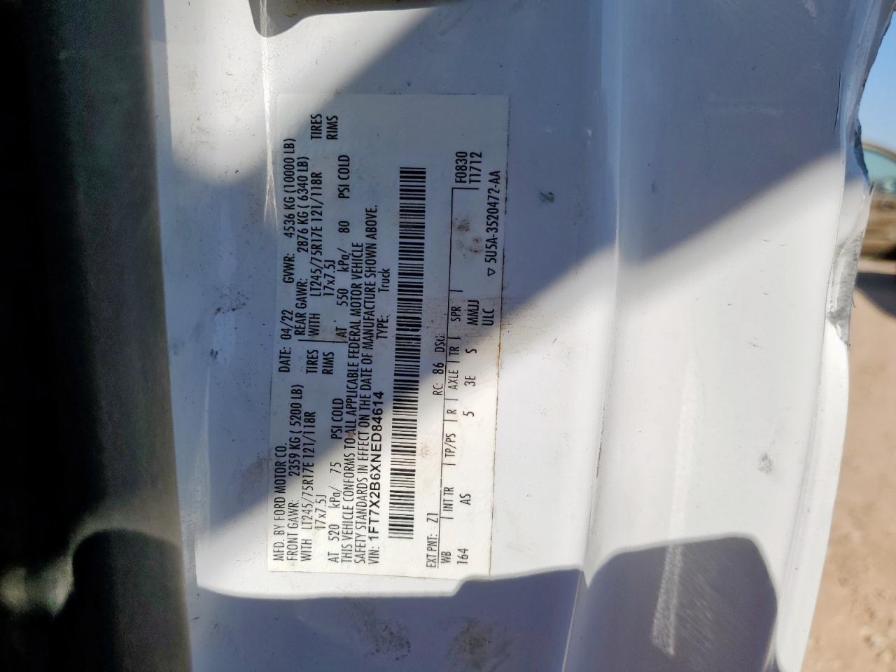 2022 Ford F250 Super Duty VIN: 1FT7X2B6XNED84614 Lot: 86627685