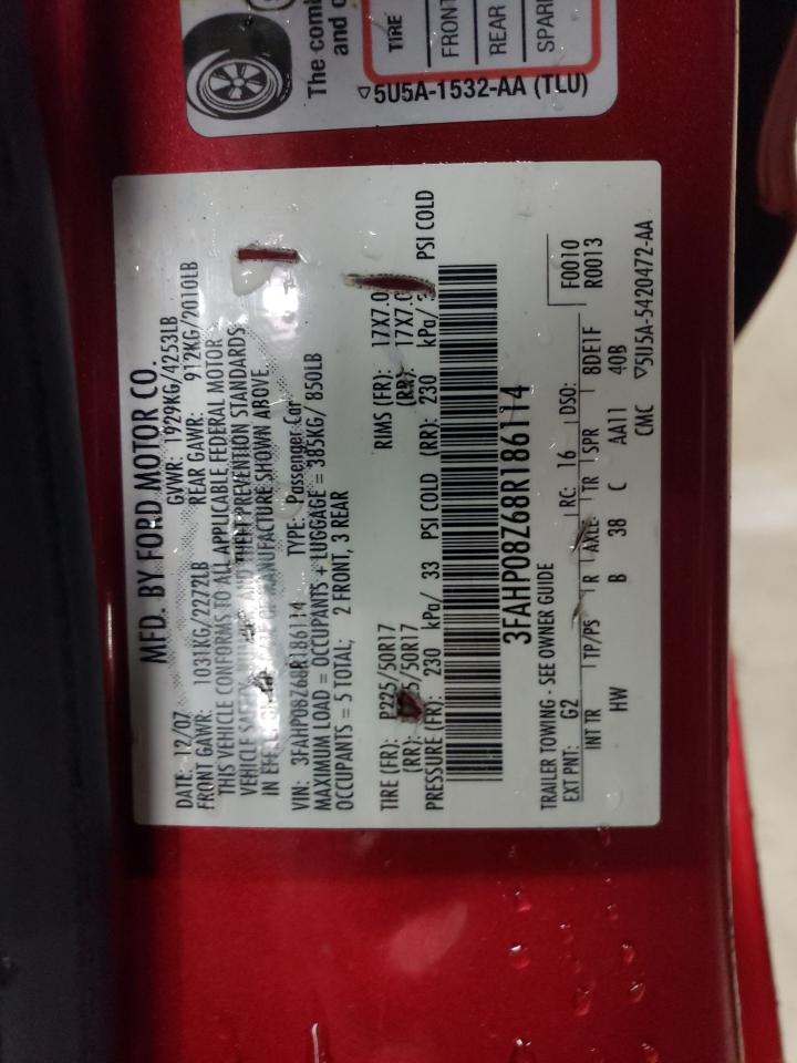 2008 Ford Fusion Sel VIN: 3FAHP08Z68R186114 Lot: 85925425