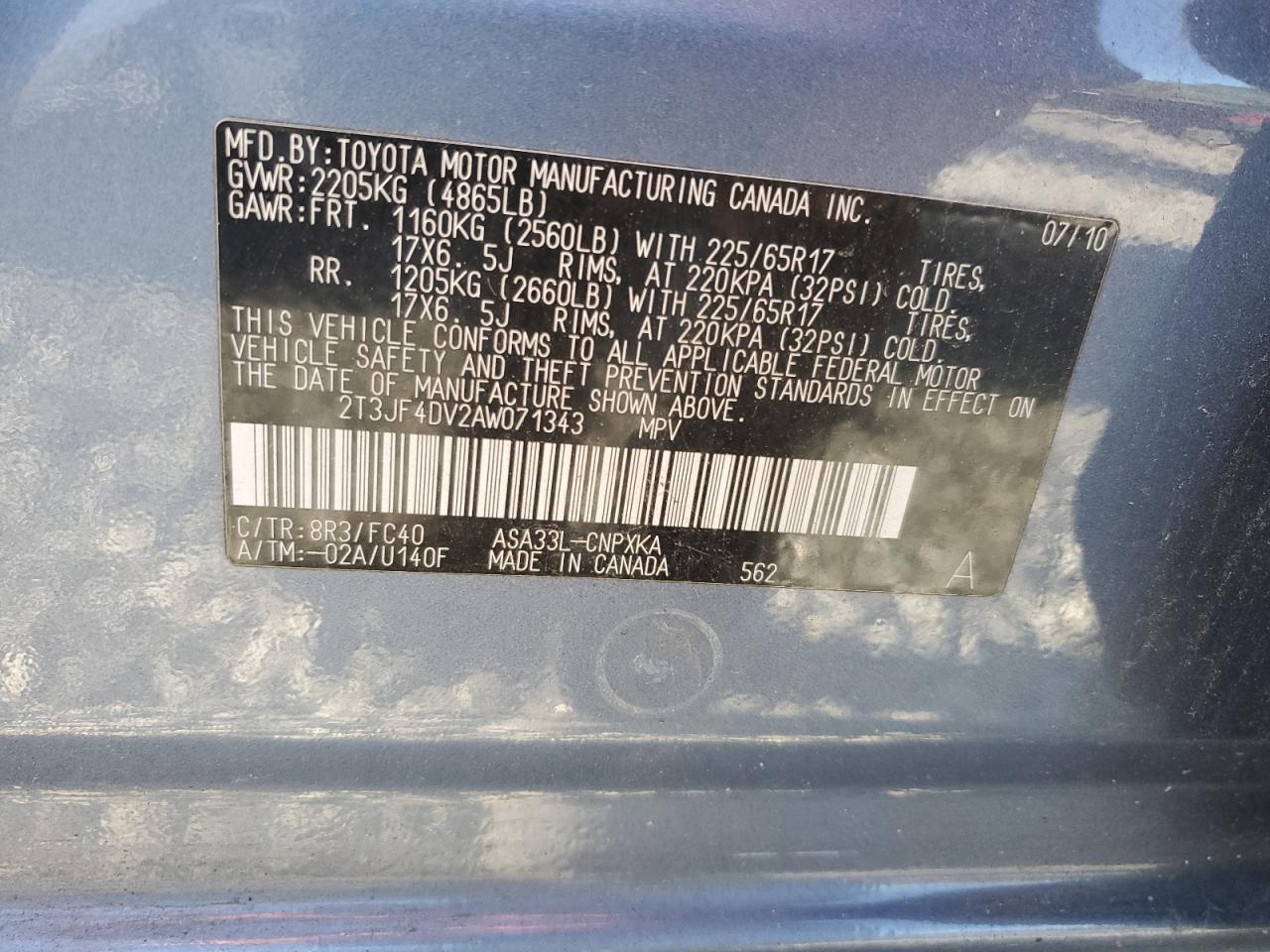 2010 Toyota Rav4 VIN: 2T3JF4DV2AW071343 Lot: 86116215