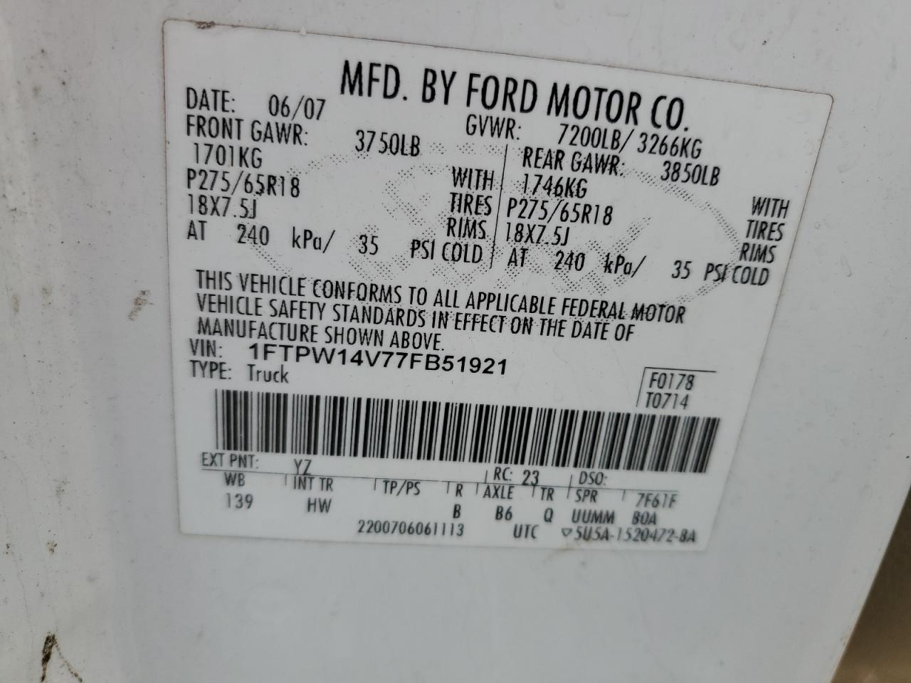 2007 Ford F150 Supercrew VIN: 1FTPW14V77FB51921 Lot: 90599865