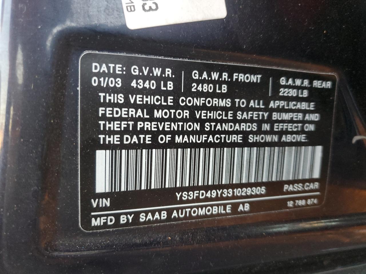 2003 Saab 9-3 Arc VIN: YS3FD49Y331029305 Lot: 90640555