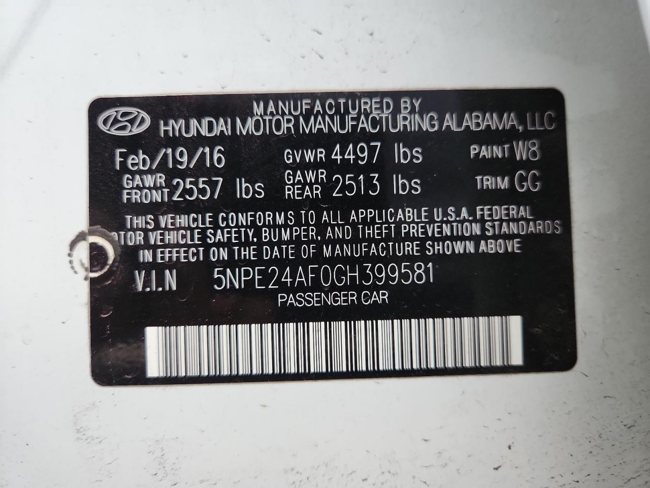 2016 Hyundai Sonata Se VIN: 5NPE24AF0GH399581 Lot: 85899845