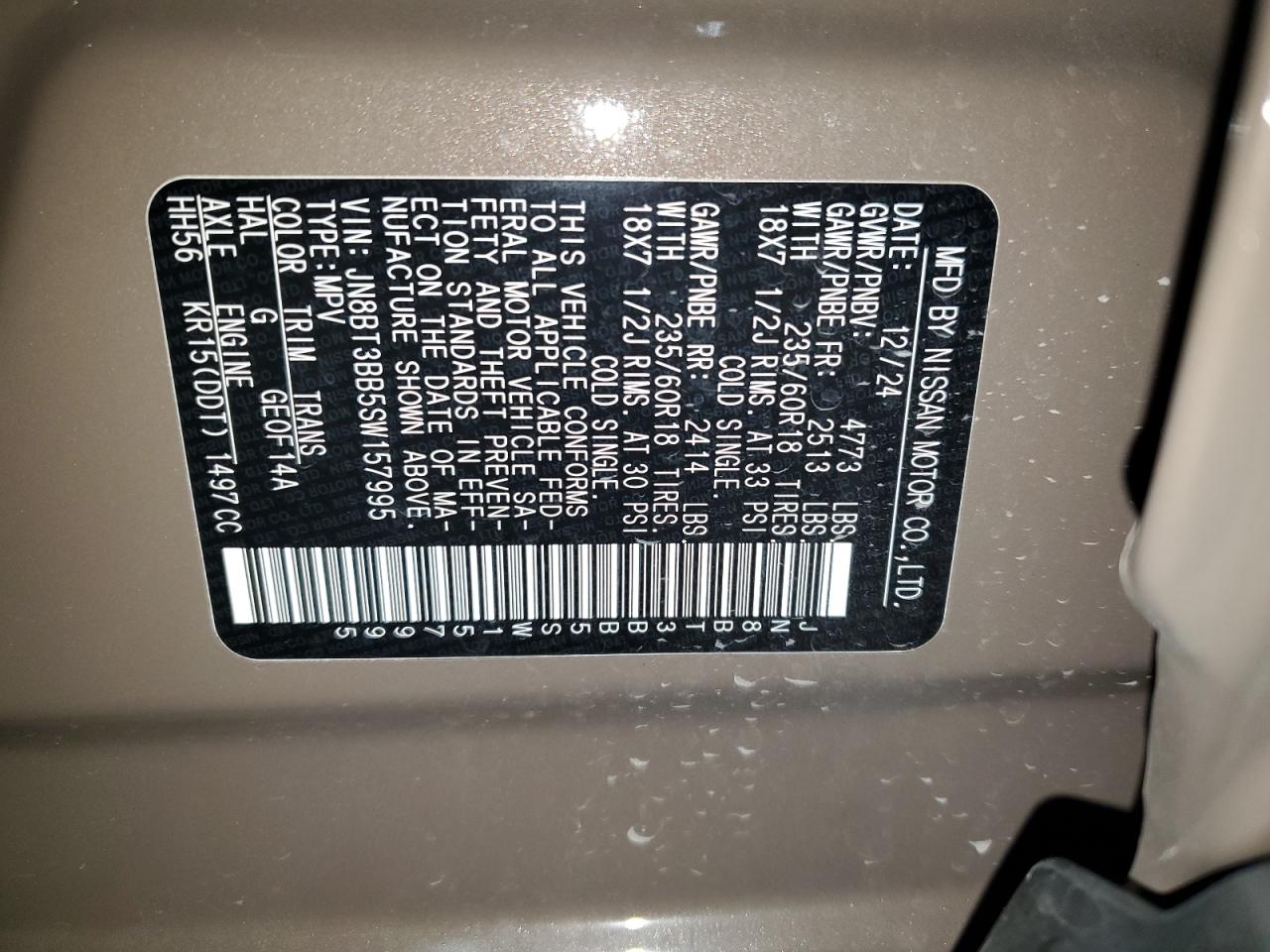 2025 Nissan Rogue Sv VIN: JN8BT3BB5SW157995 Lot: 86280395