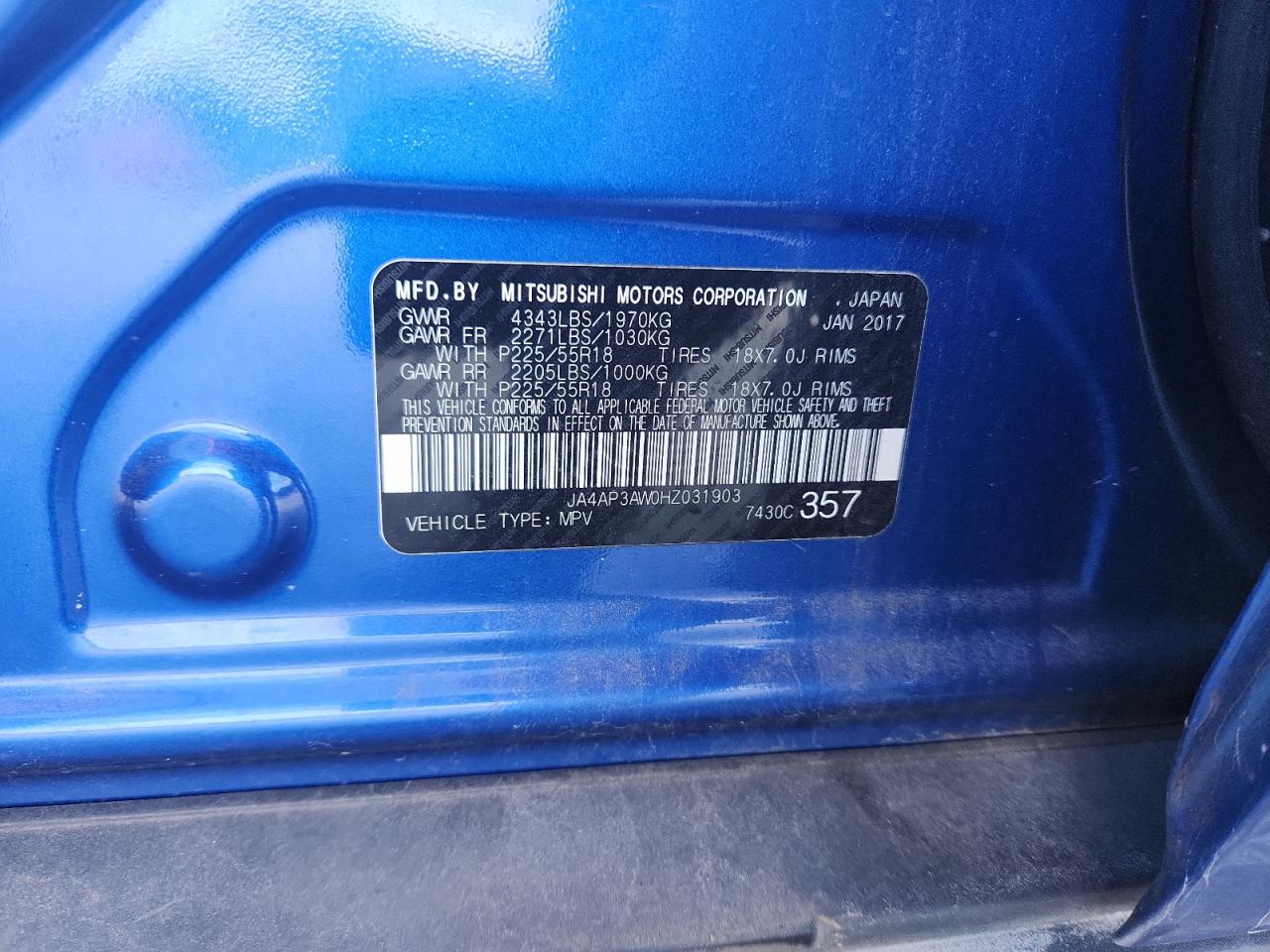 2017 Mitsubishi Outlander Sport Es VIN: JA4AP3AW0HZ031903 Lot: 86065445
